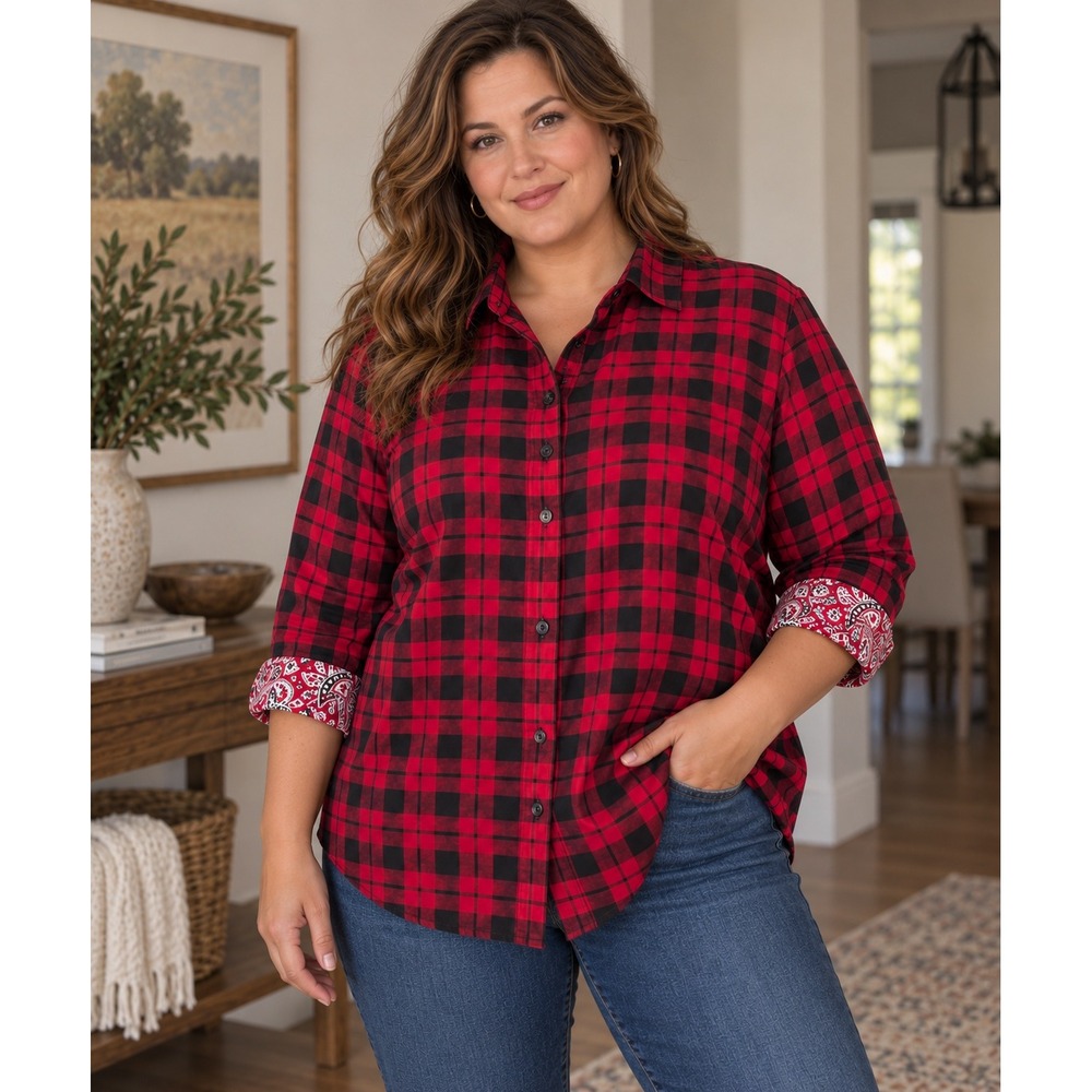 Chaps Cotton No Iron Button Shirt Women 2X Buffalo Plaid Paisley Trim Winter